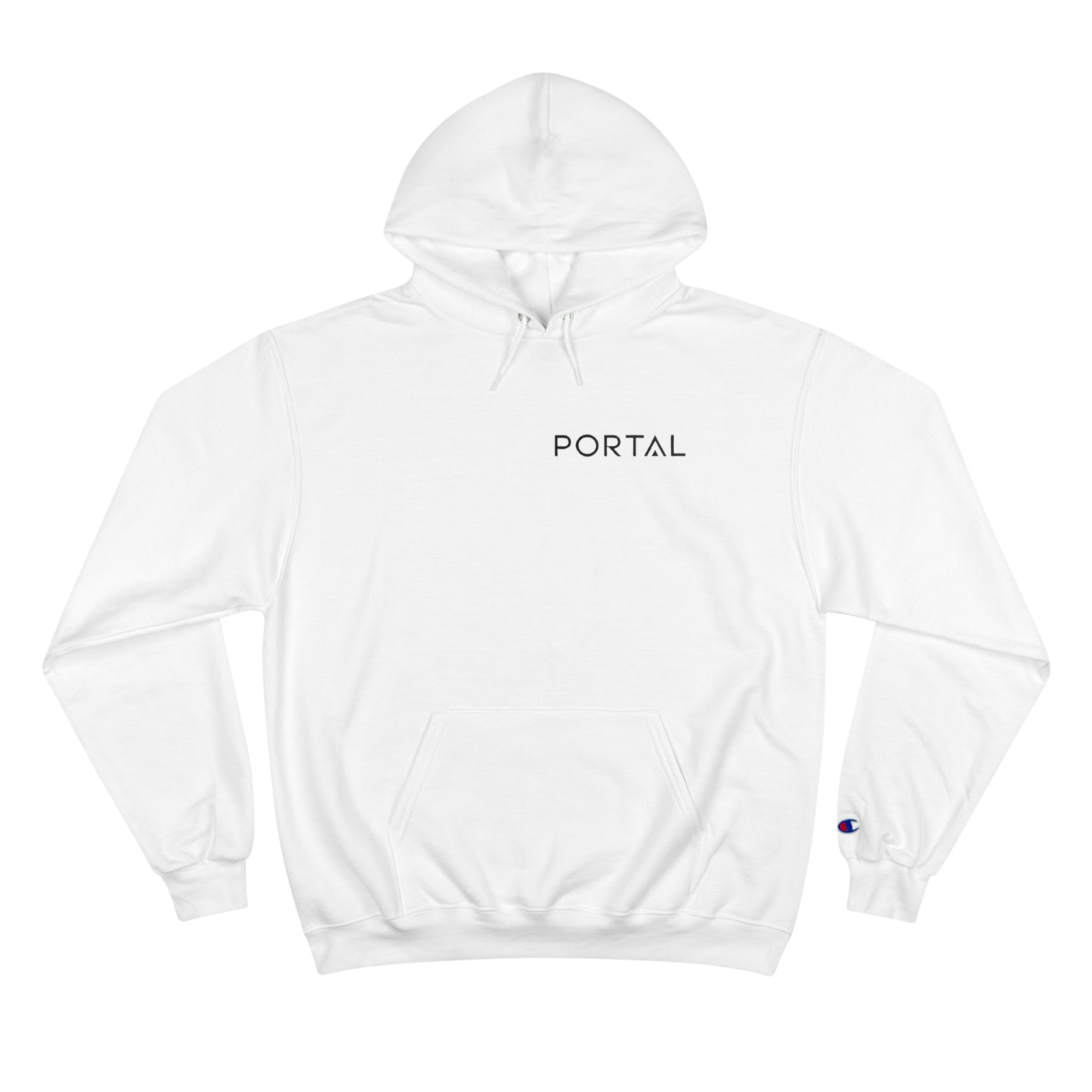 Front view of the Champion S700 Eco Hoodie in white color with 'PORTAL' printed on the chest.