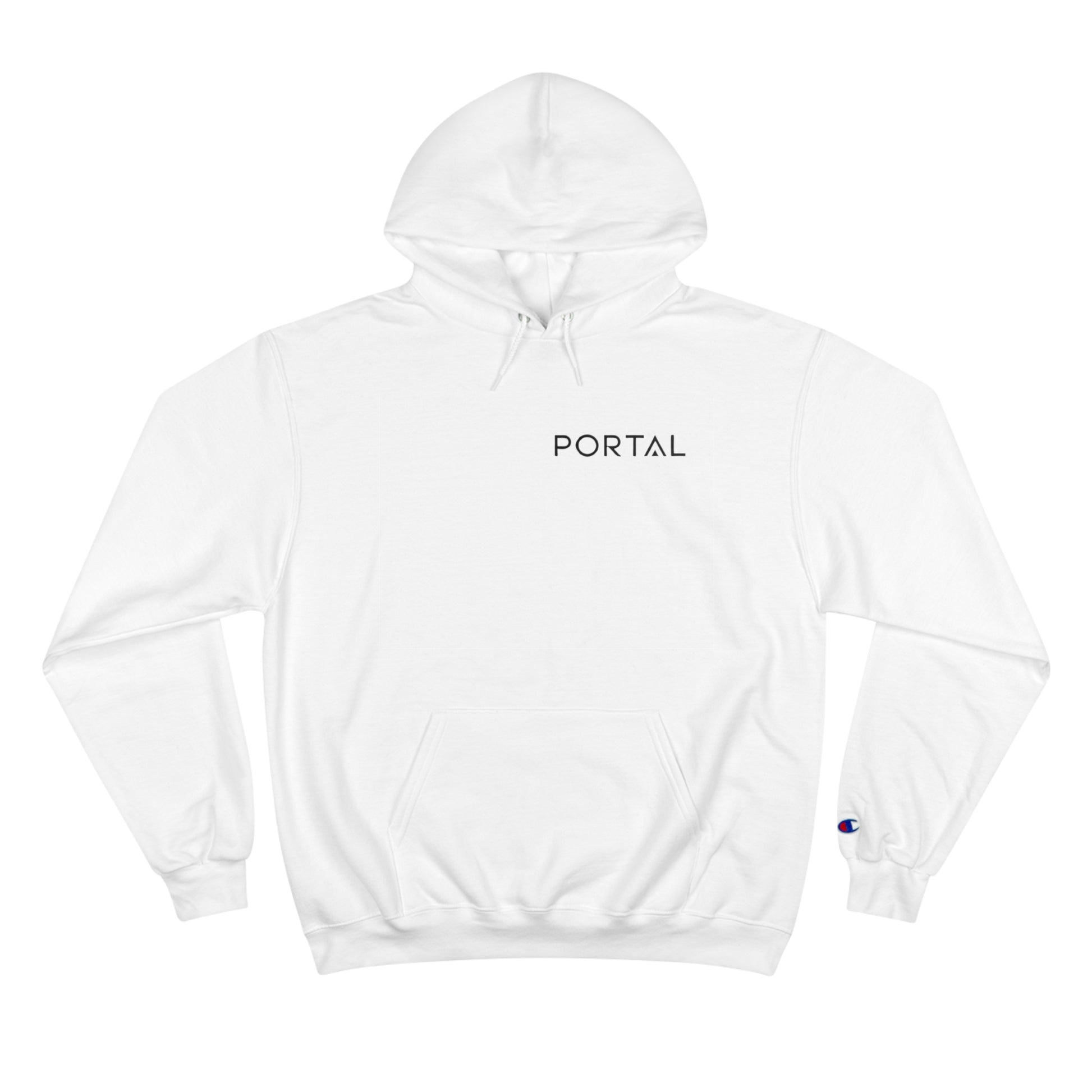 Front view of the Champion S700 Eco Hoodie in white color with 'PORTAL' printed on the chest.