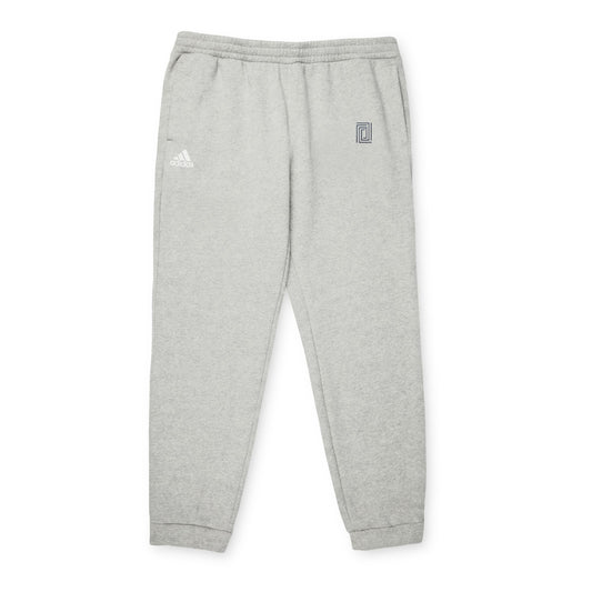 Front view of Adidas fleece joggers in light gray color, featuring an elastic waistband and side pockets.